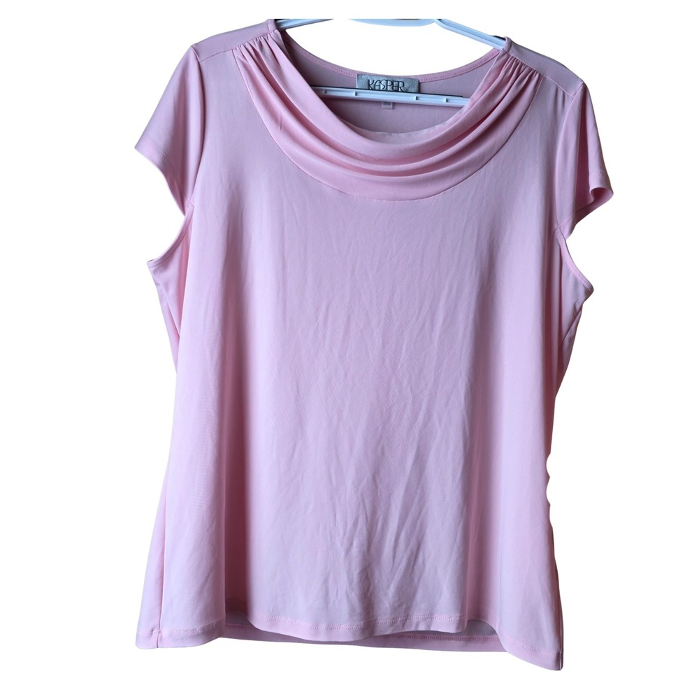Kasper Womens Large Pink Drape Neck Blouse Short Sleeve Stretch Career Office